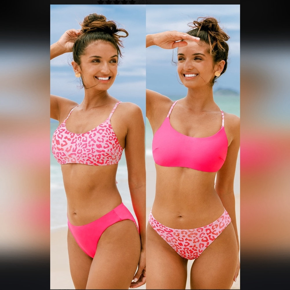 NWT Cupshe Reversible Pink Leopard Bikini Bralette-Medium & Bottoms-XS Set
